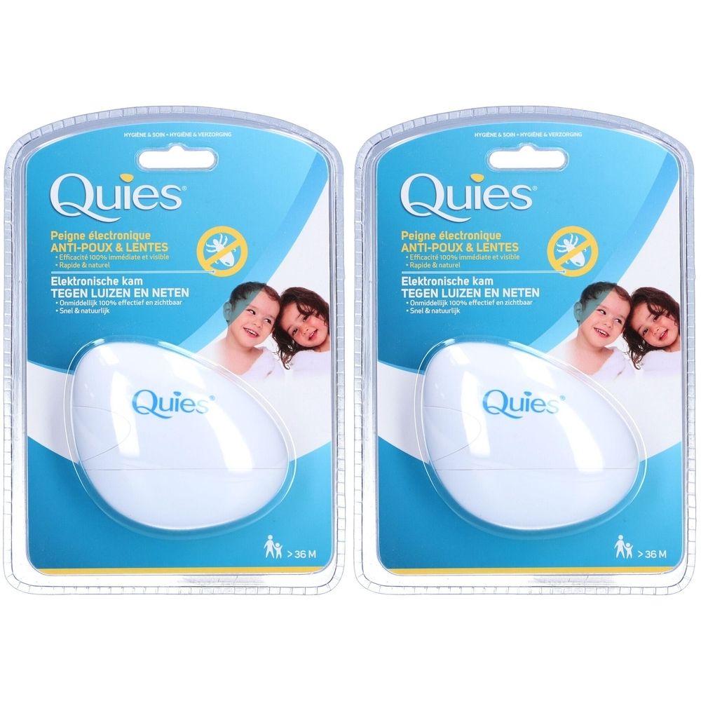 Twee verpakkingen van een elektronische kam. De verpakking toont het product en het merk Quies. Tekst: Anti-Poux & Lentes.