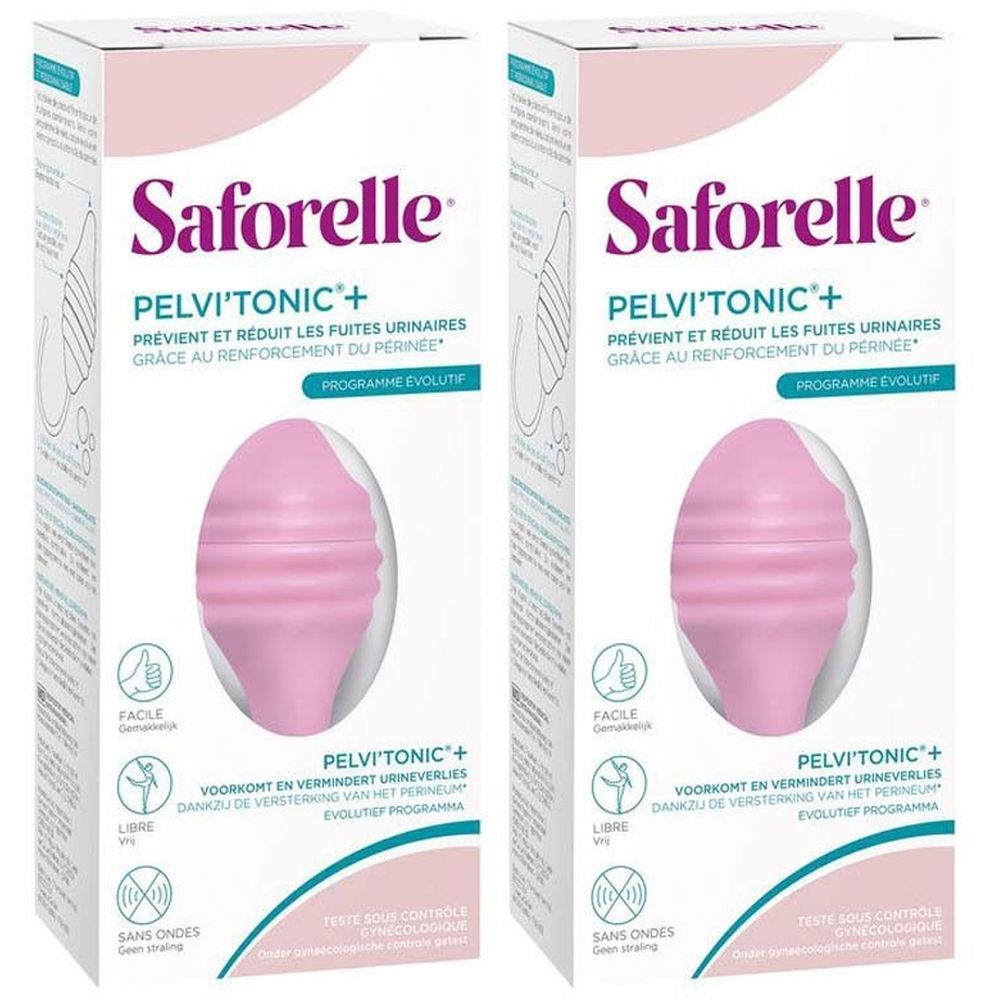 Twee verpakkingen van het product. Roze product in ei-vorm. Tekst: Saforelle, Pelvi'Tonic+, Programme Evolutif.