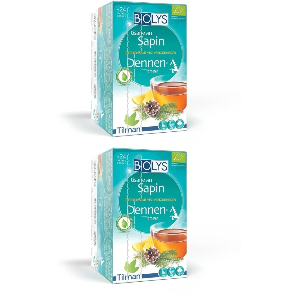 Deux boîtes de thé Biolys. Emballage turquoise et blanc avec nom du produit et image d'une tasse de thé. Label bio.