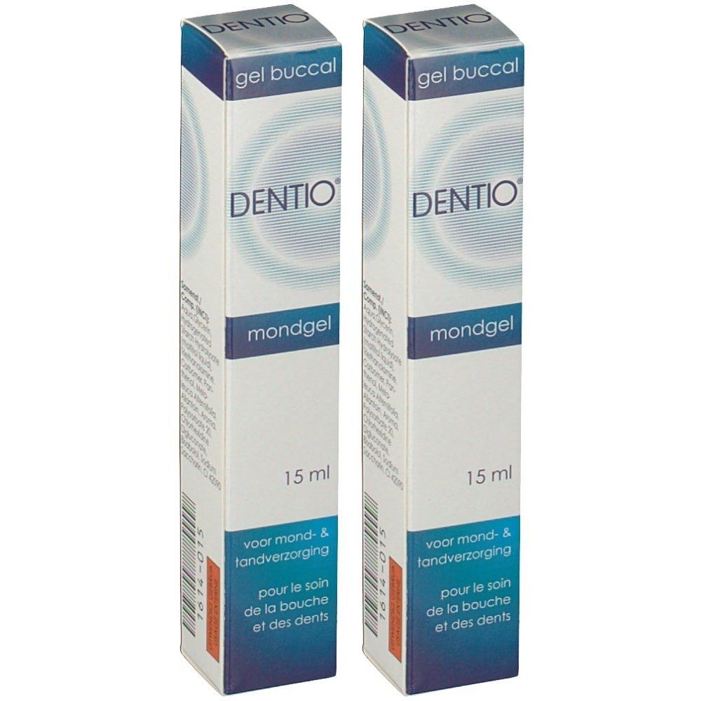 Twee rechthoekige dozen met DENTIO, gel buccal, mondgel. Op elke doos staat 15 ml.
