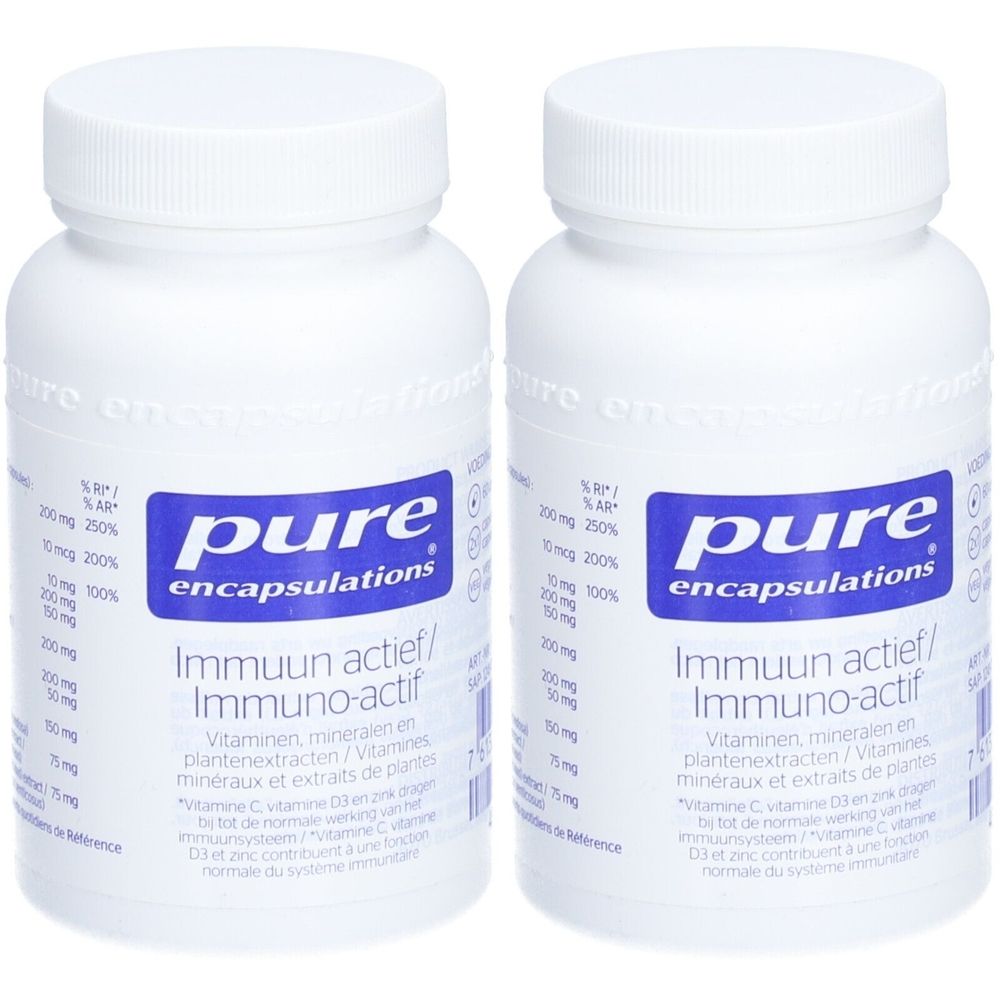 Twee witte flessen met schroefdop. Op blauw etiket: "pure encapsulations", "Immuun actief/Immuno-actif".