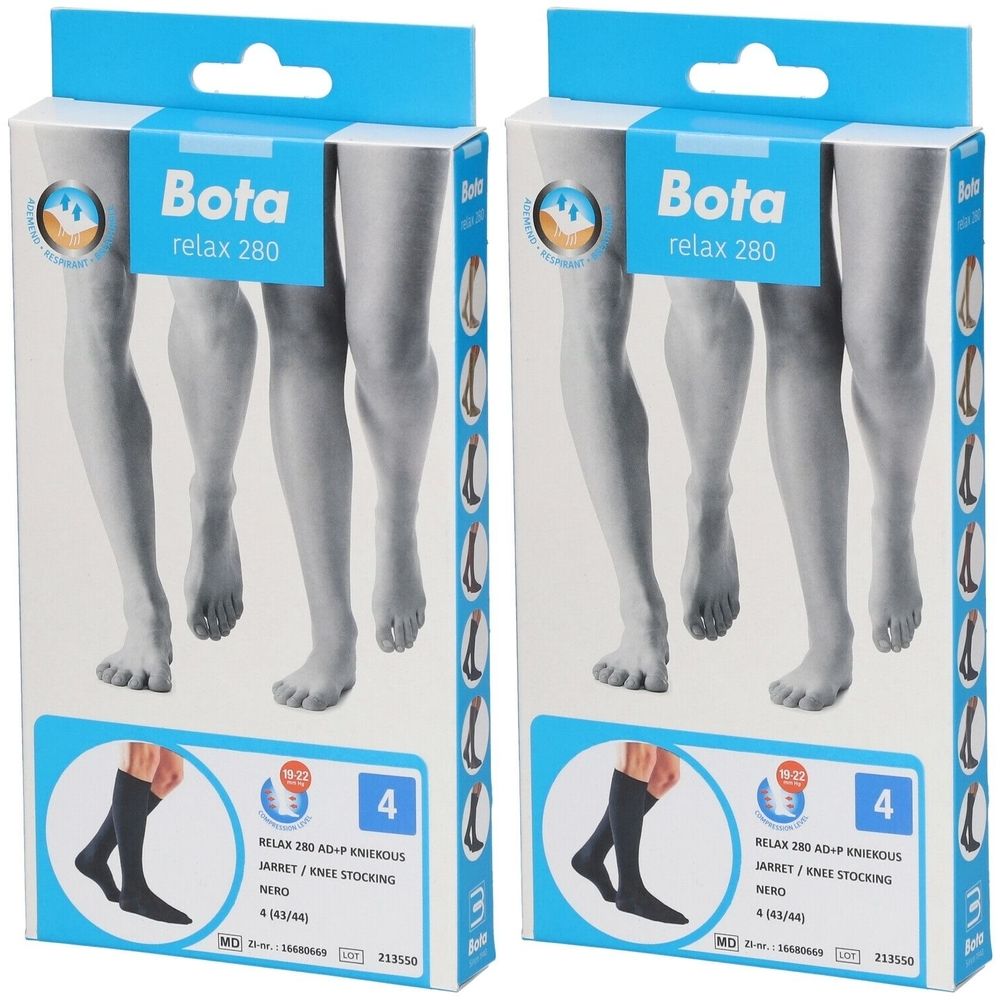 Deux boîtes de bas genou. Inscription : Bota relax 280. Taille 4. Bas noirs représentés.