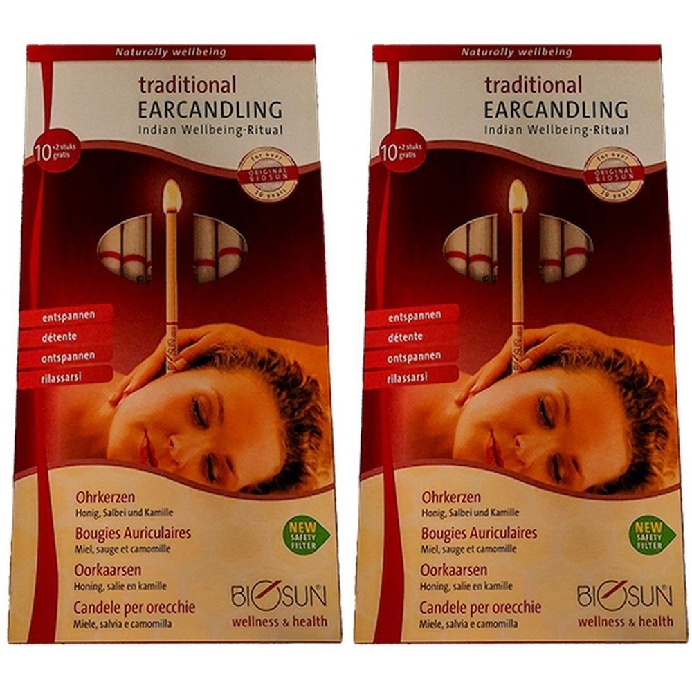 Twee verpakkingen oor-kaarsen. Opschrift: traditional EARCANDLING, BIOSUN. Tien stuks per verpakking. Een persoon met een kaars in het oor is afgebeeld.