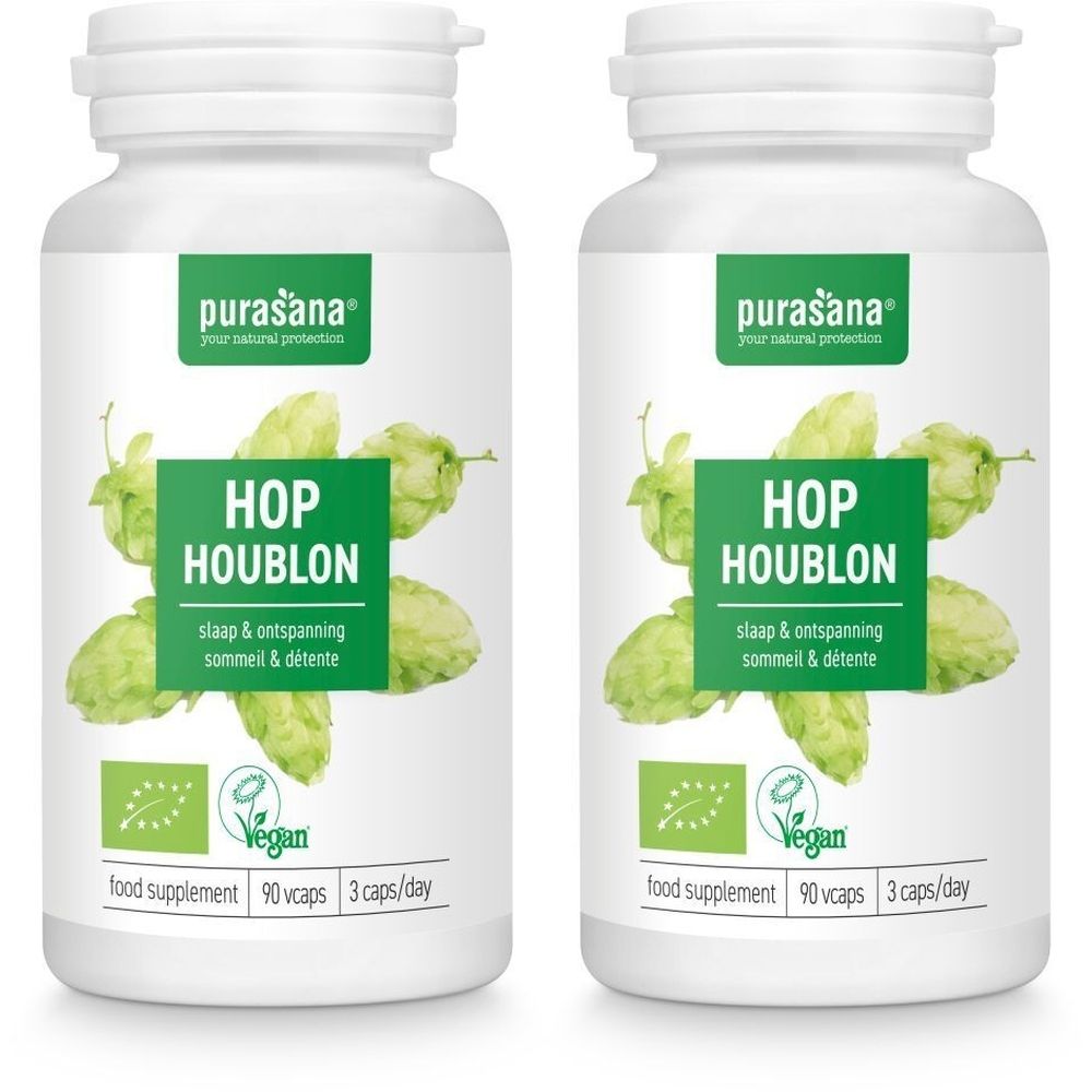 Deux flacons blancs PURASANA Houblon. Inscription : HOP HOUBLON, label Vegan, 90 gélules, 3 gélules/jour.