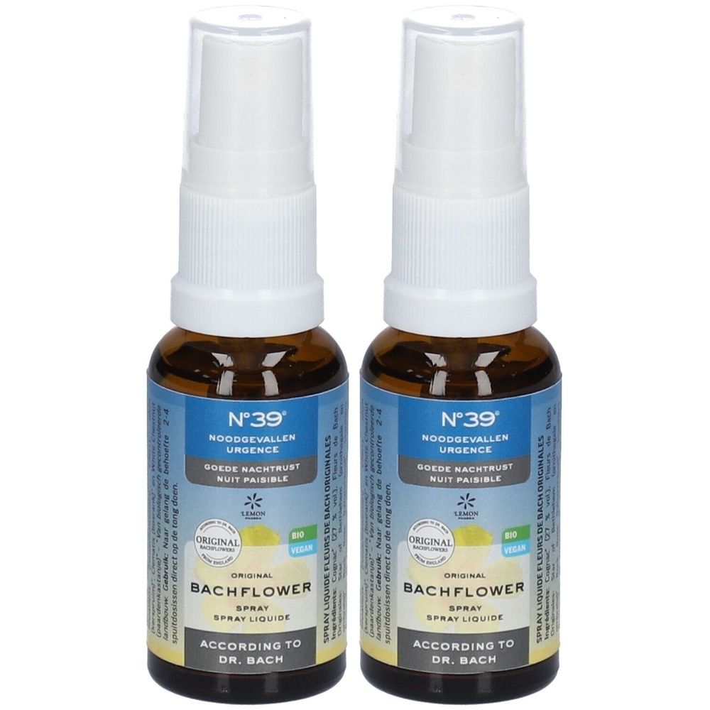 Deux flacons spray bruns avec vaporisateur blanc. Inscription : N°39, Bachflower Spray, Urgence Nuit Paisible.