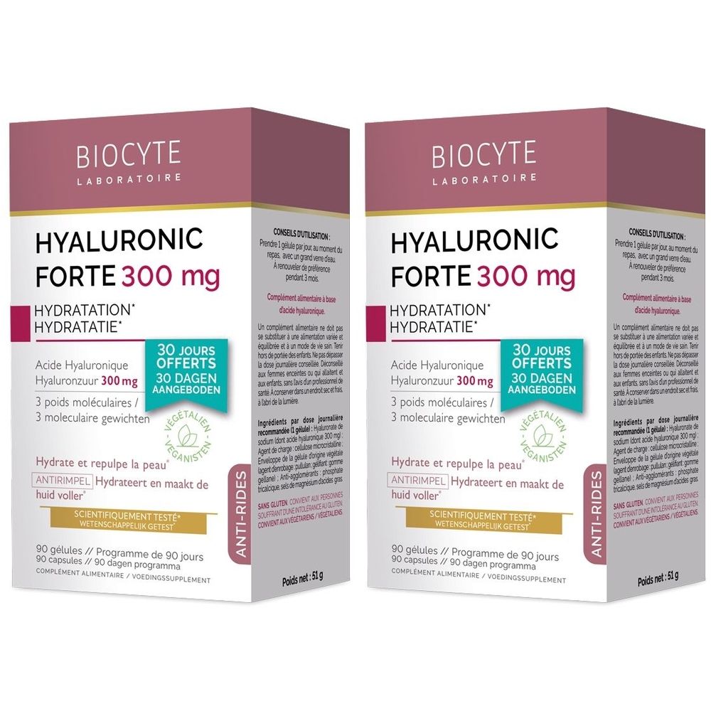 Deux boîtes de Biocyte Hyaluronic Forte 300 mg. Emballage rose et blanc avec informations et logo.