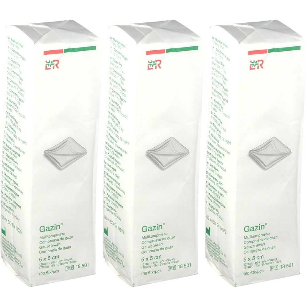 Trois emballages de compresses Gazin. Chaque emballage affiche le produit, la taille 5 x 5 cm et la marque. L'emballage est blanc avec des marques rouges et vertes.