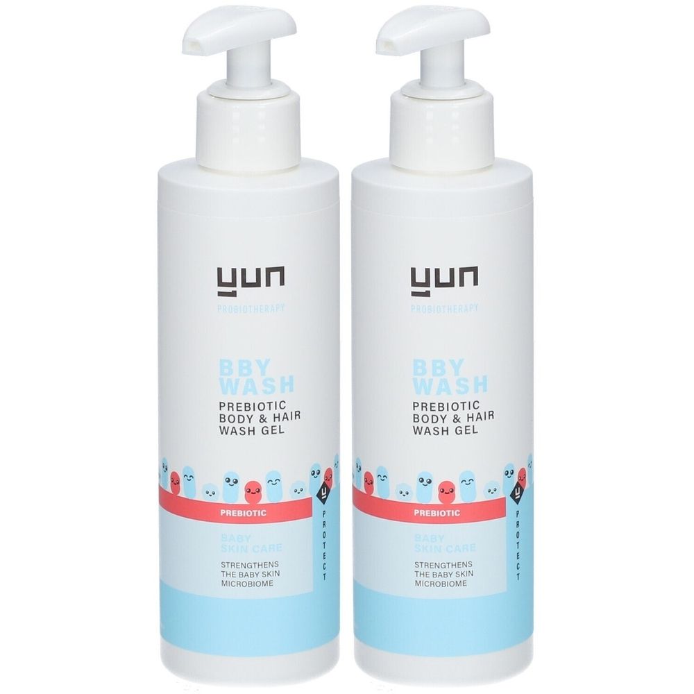 Twee witte flessen met pomp. Opschrift: YUN, BBY WASH, Prebiotic Body & Hair Wash Gel. Met illustraties.