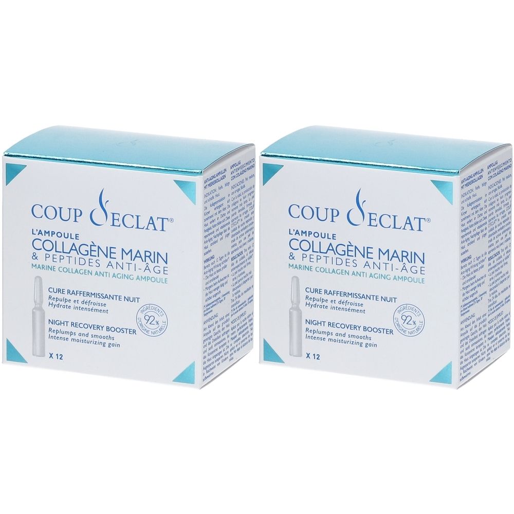 Deux boîtes de Coup d'Eclat L'AMPOULE AU COLLAGENE MARIN. Boîtes blanches avec couvercle bleu. Texte: Collagène Marin & Peptides Anti-Age.