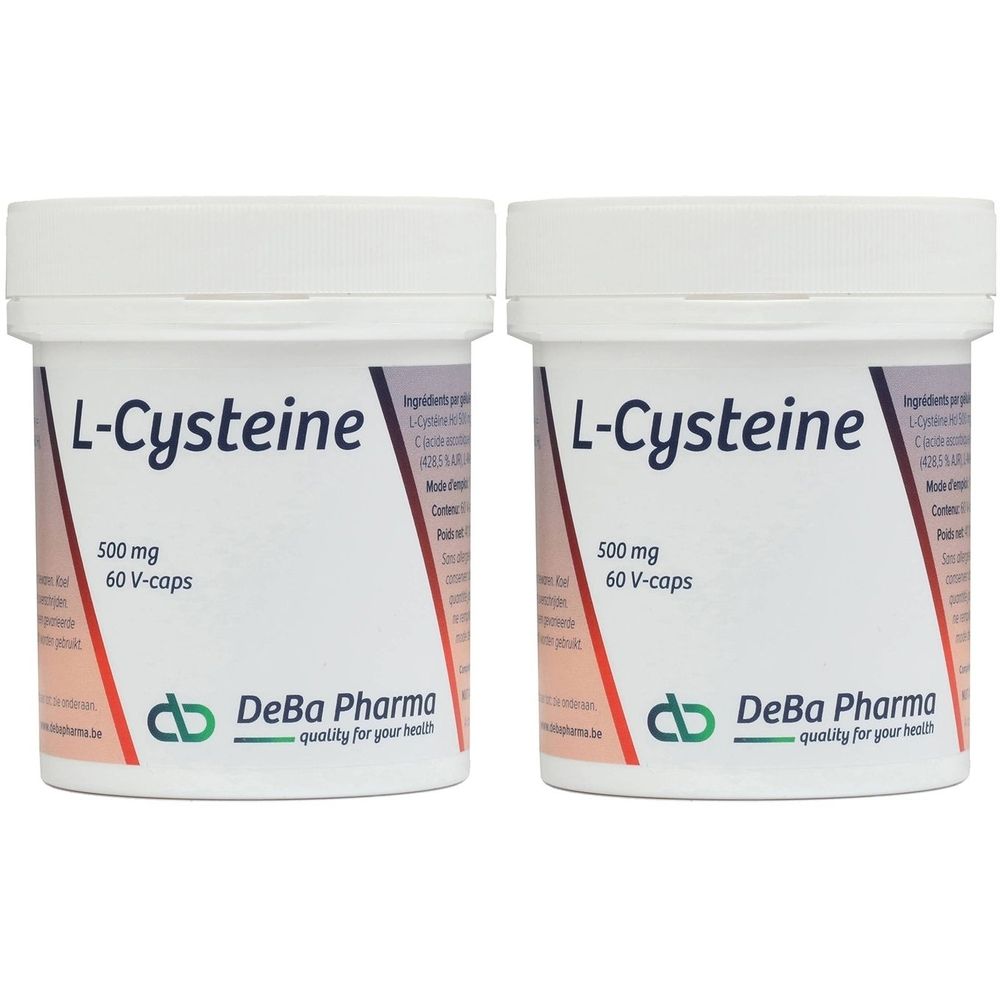 Twee witte potten met deksels. Opschrift: L-Cysteine, 500 mg, 60 V-caps. Logo DeBa Pharma. Kwaliteit voor uw gezondheid.