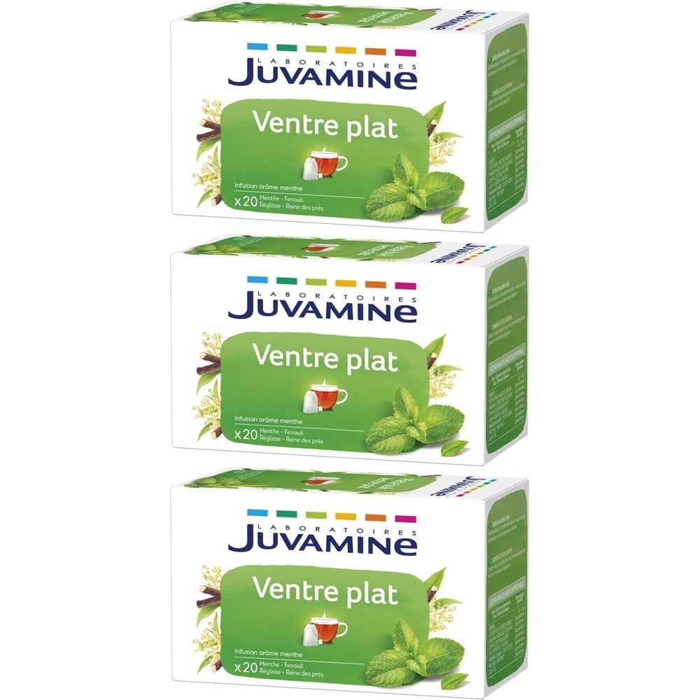 Trois boîtes de thé Juvamine Ventre plat. Emballage blanc avec étiquette verte, illustration d'herbes et texte.