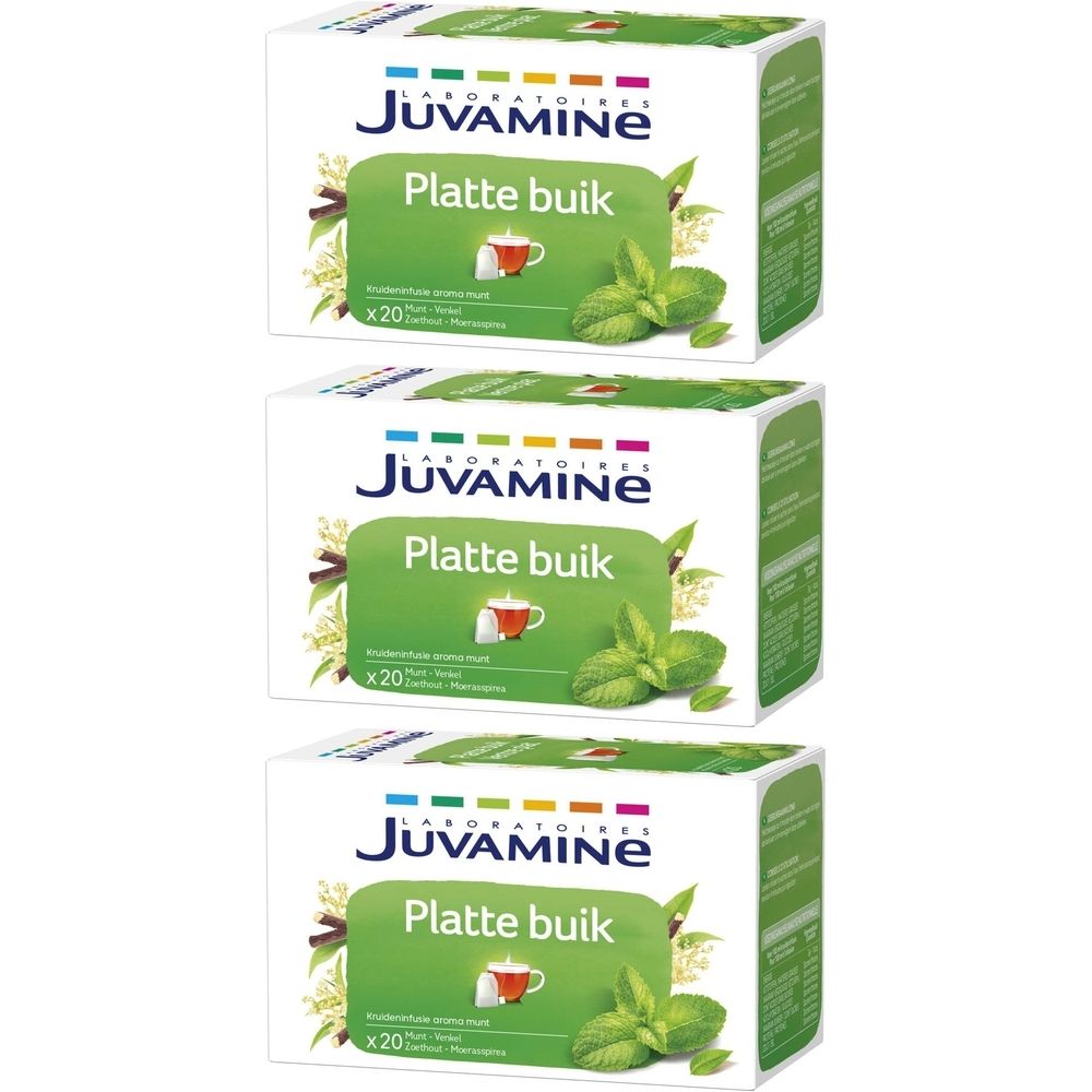 Drie dozen Juvamine Platte buik thee. Witte verpakking met groen etiket, kruidenillustratie en tekst.