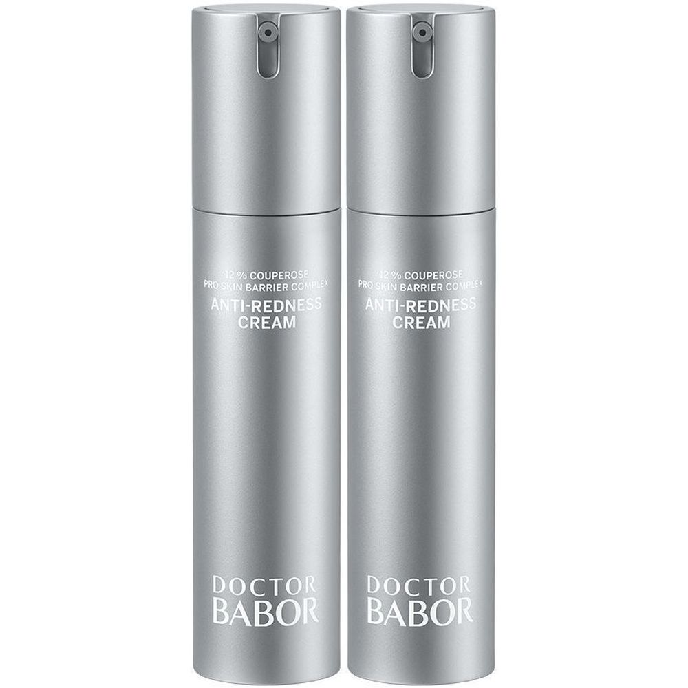 Twee zilverkleurige flacons. Opschrift: Anti-Redness Cream, Doctor Babor.