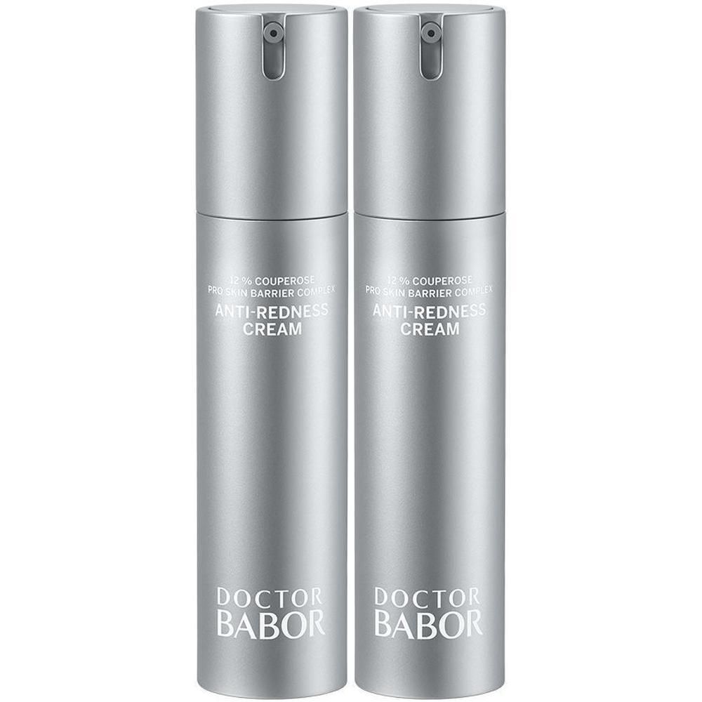 Deux crèmes argentées avec pompe. Inscription: Anti-Redness Cream, Doctor BABOR.