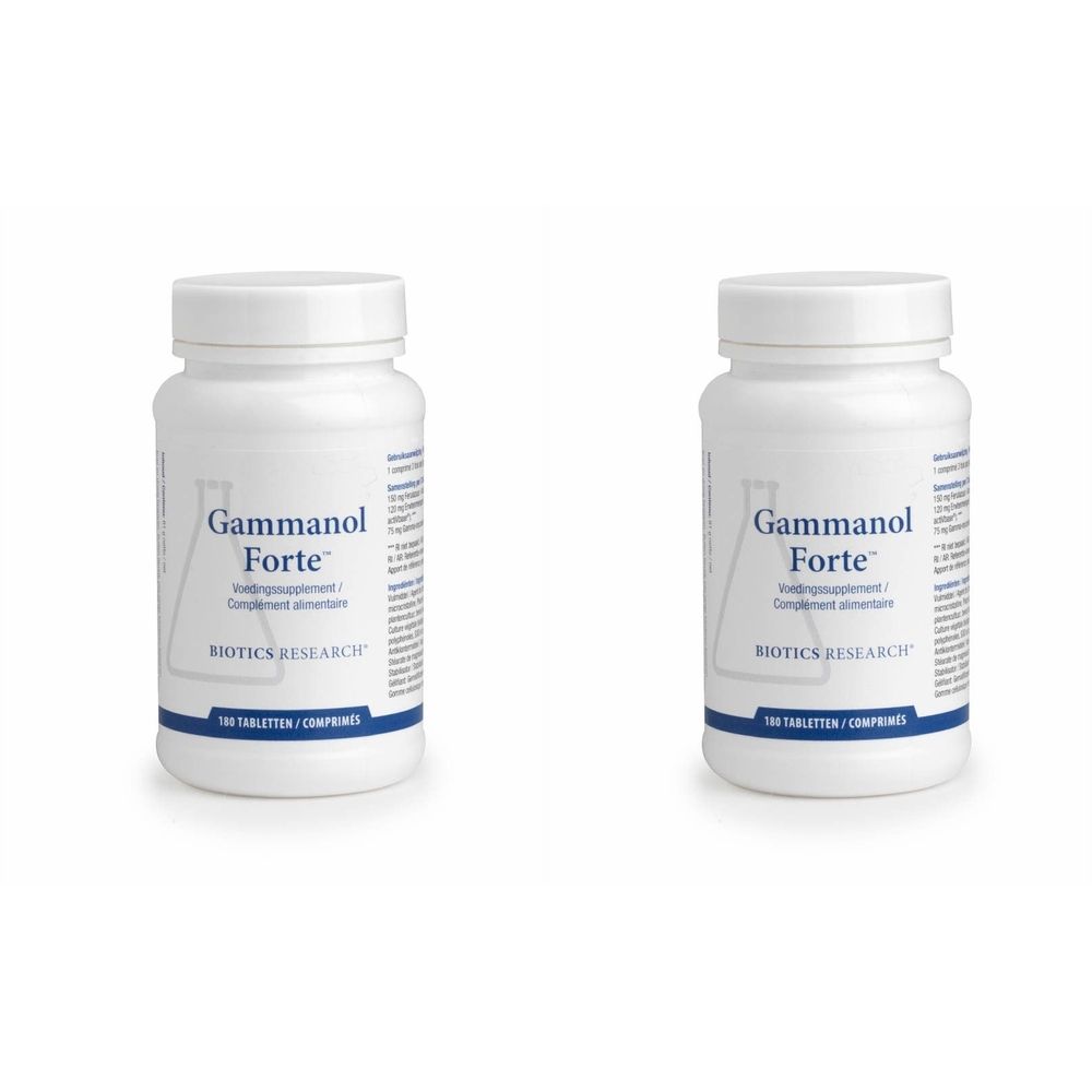 Twee witte flessen met schroefdop. Op elke fles staat 'Gammanol Forte' en 'BIOTICS RESEARCH'.