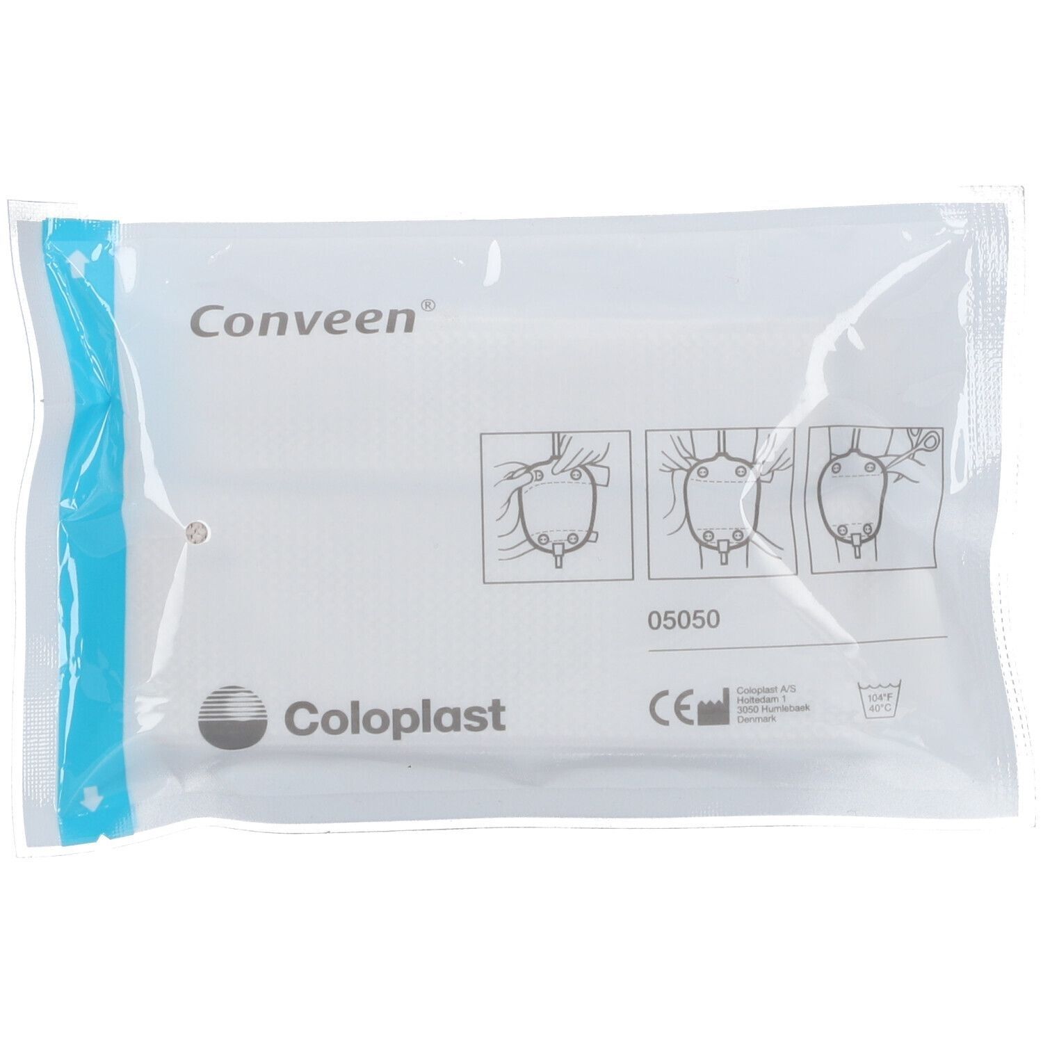 Emballage de Conveen Attache Jambe. Inscriptions : Conveen, Coloplast, marquage CE, pictogrammes et numéro d'article 05050.
