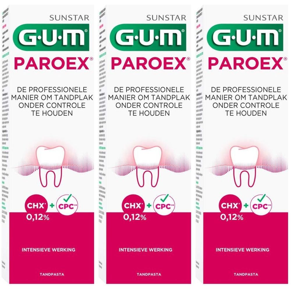 Drie tubes GUM PAROEX tandpasta. Wit-roze verpakking met logo, productnaam en tekst. Bevat CHX + CPC 0,12%.