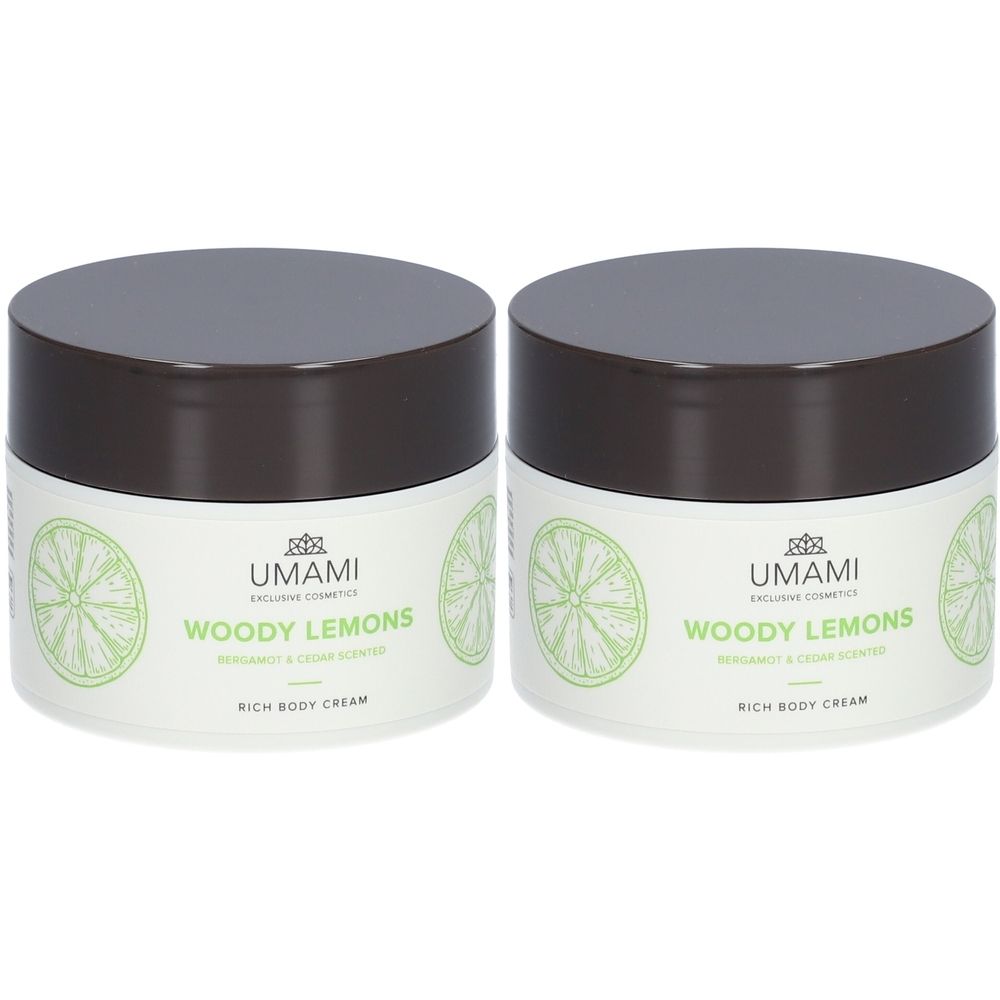 Twee witte crèmepotten met bruine deksels. Opschrift: UMAMI WOODY LEMONS, Bergamote & Cèdre, Rich Body Cream. Limoen illustratie.