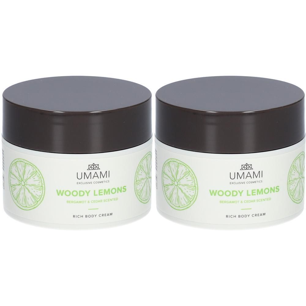 Twee potten Rich Body Cream. Wit etiket met groen citroenontwerp en productnaam. Bruin deksel.
