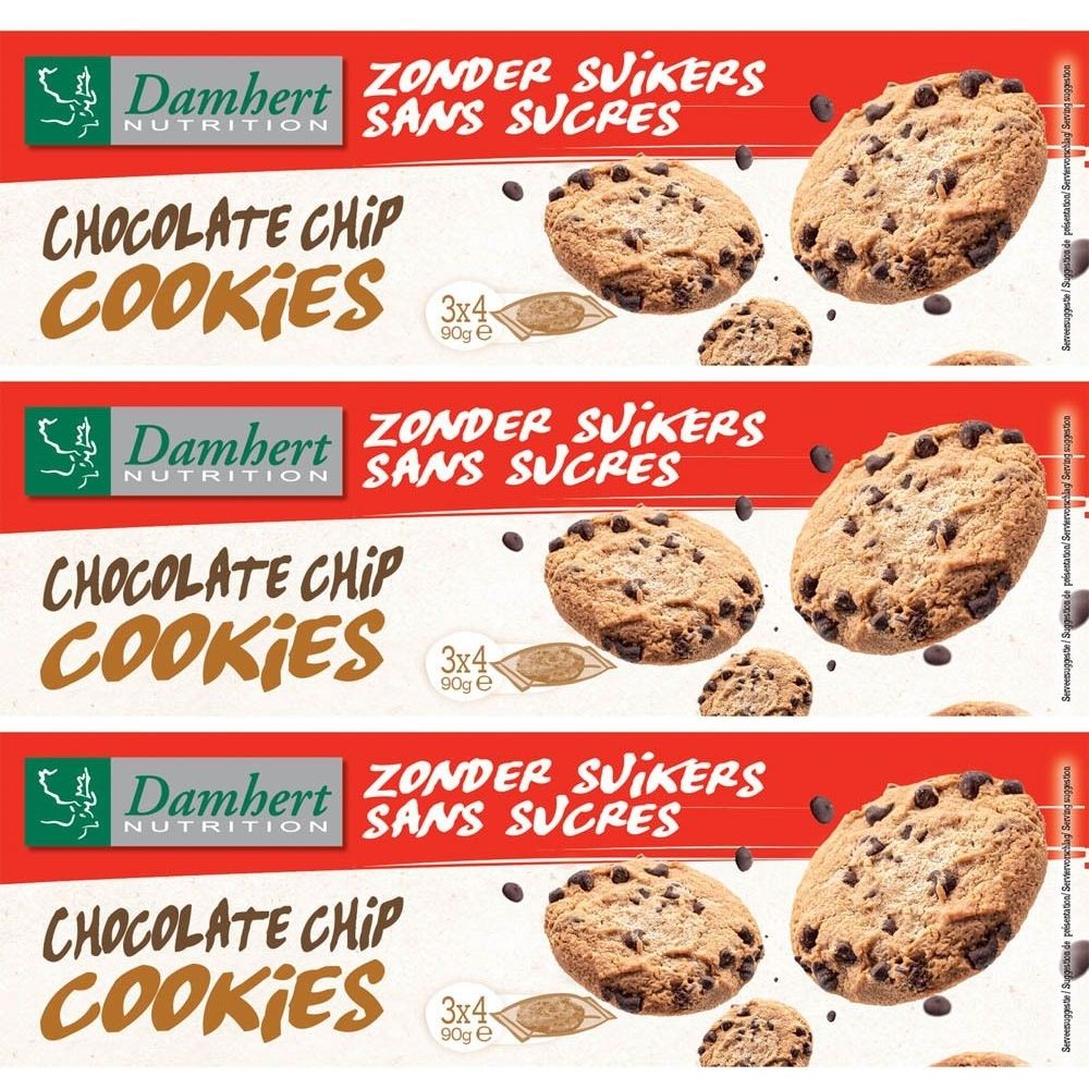 Verpakking van Damhert Chocolate Chip Cookies zonder suiker. Opschrift: Zonder Suikers, Sans Sucres. 3x4 koekjes, 90g.