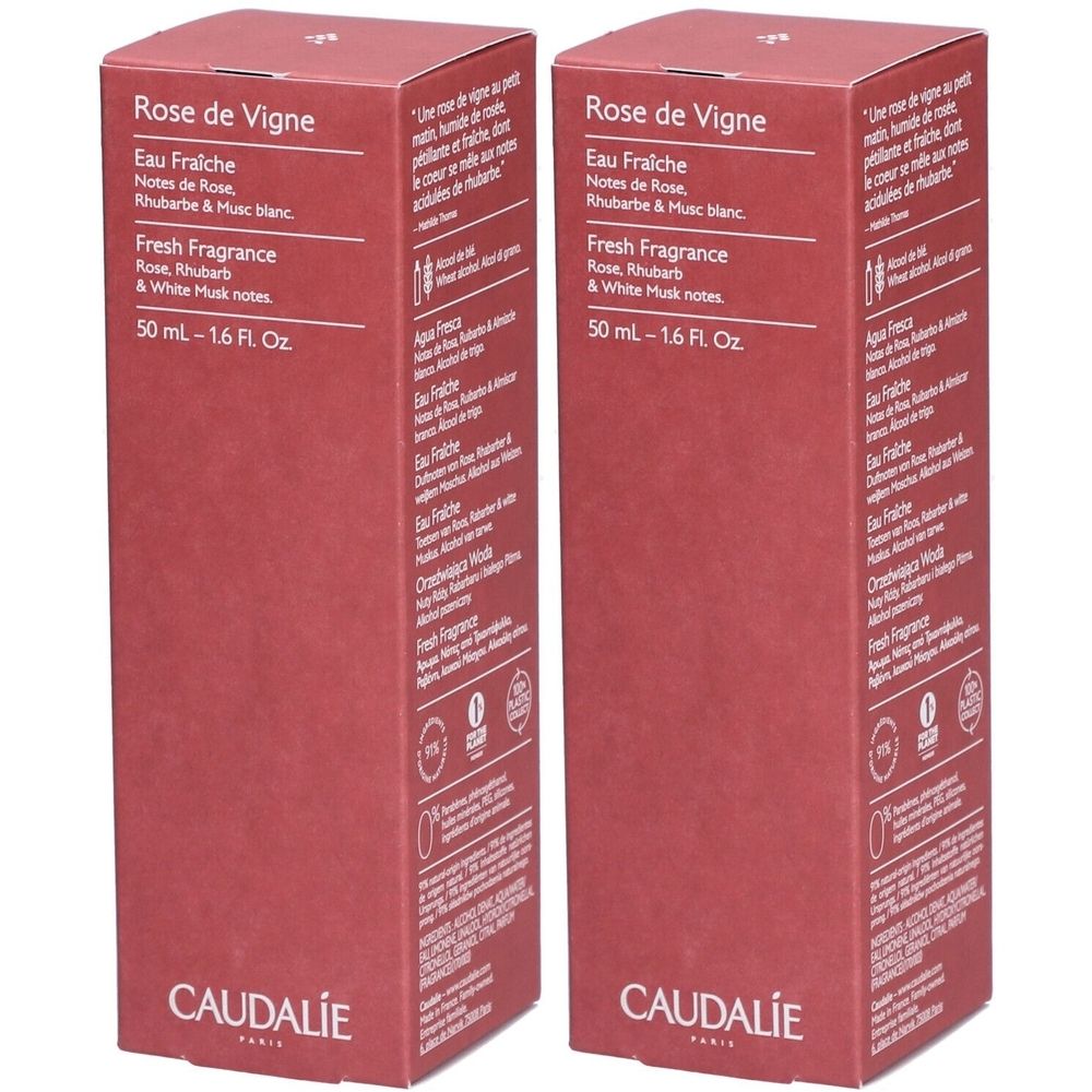 Deux boîtes rectangulaires. Inscription : Rose de Vigne Eau Fraîche. Logo Caudalie en bas. Texte en français et en anglais.
