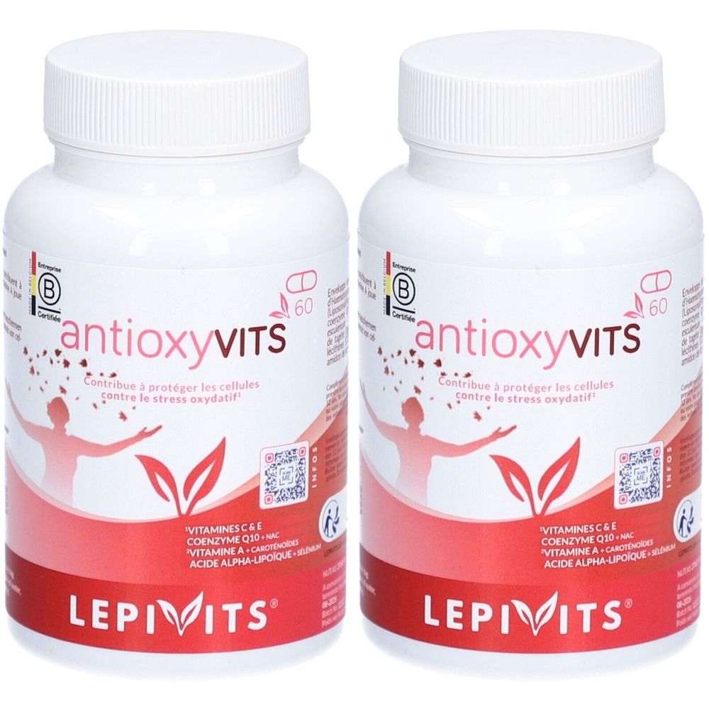 Twee witte flessen met schroefdop. Opschrift: antioxyVITS, LEPIVITS. Bevat vitamine C & E, co-enzym Q10, vitamine A. 60 capsules.