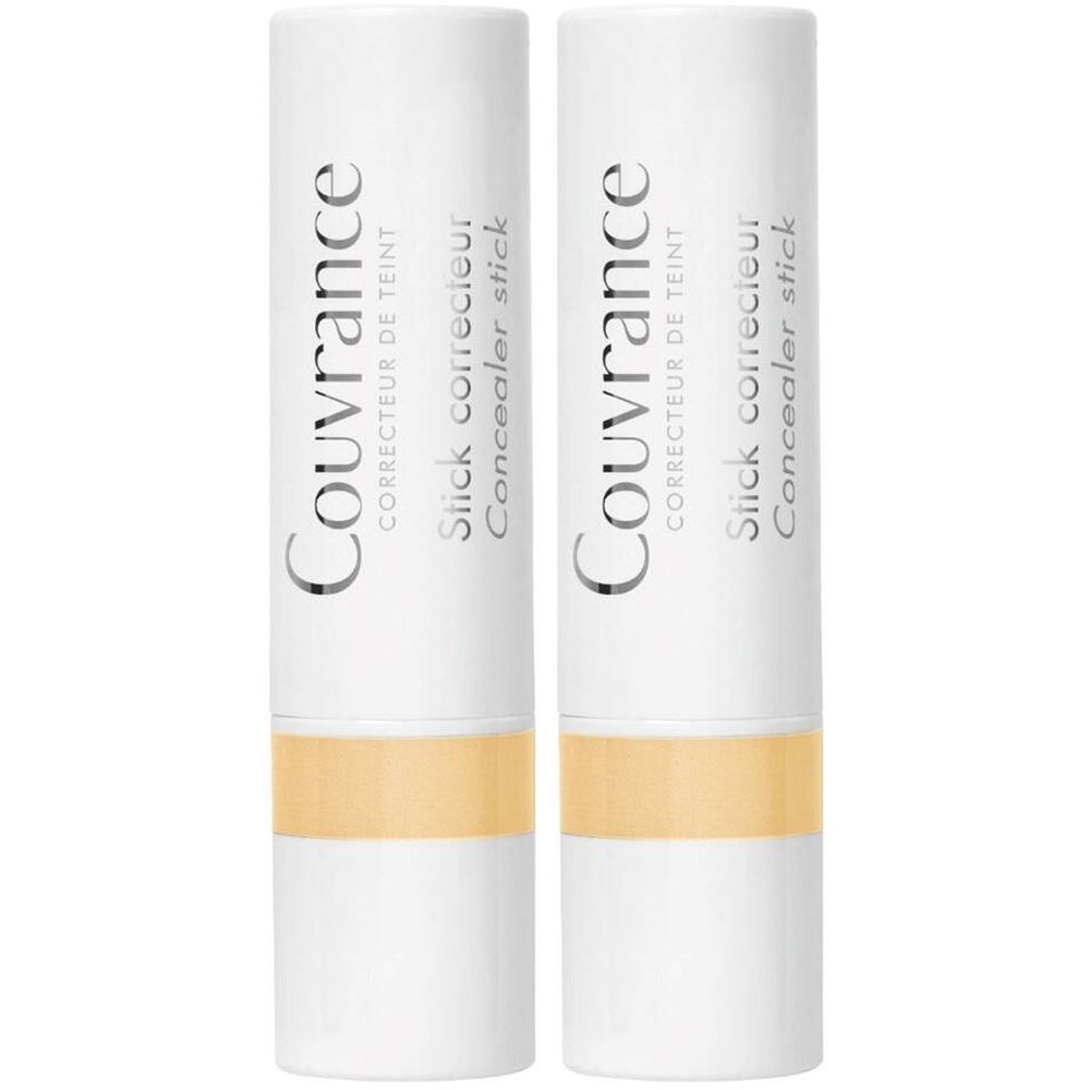 Deux sticks blancs avec partie jaune. Inscription: Couvrance, Stick correcteur, Concealer stick.