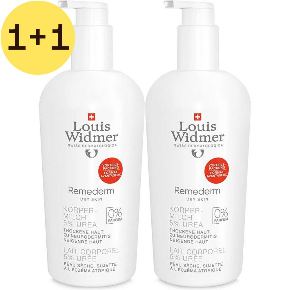 Twee witte flessen Louis Widmer Remederm. Opschrift: 5% Urea, 0% Parfum. Gele cirkel met "1+1". 