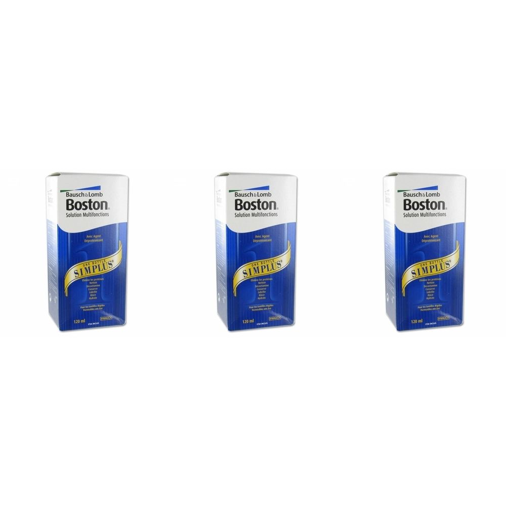 Drie blauwe en witte dozen met de tekst "Bausch+Lomb Boston Simplus".
