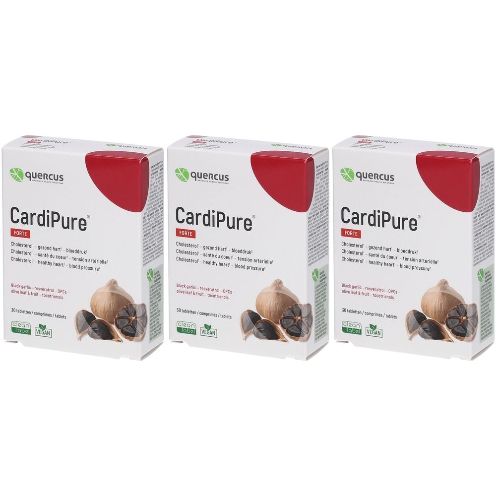 Trois boîtes de Quercus CardiPure® Forte. Emballage blanc avec accent rouge et nom du produit. Image d'ail noir.