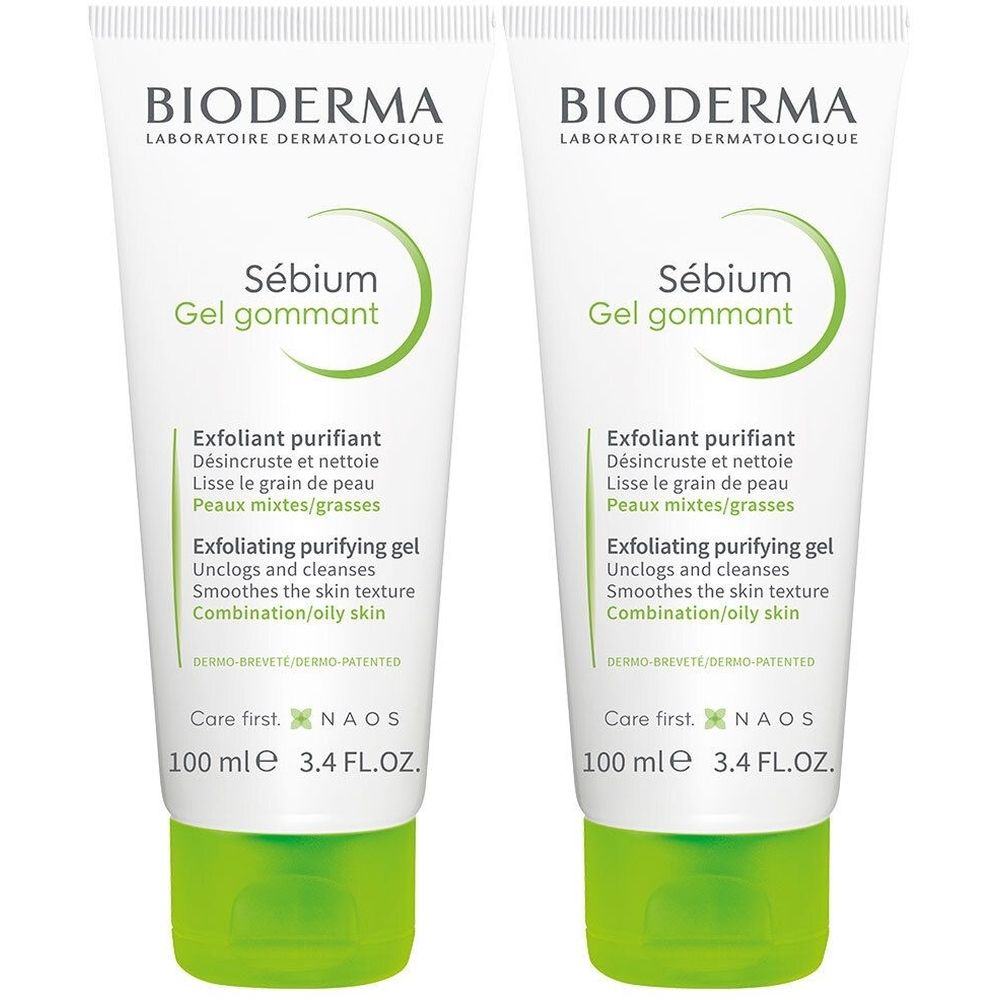 Twee tubes Bioderma Sébium Gel Gommant. Witte tubes met groene dop. Opschrift: Sébium Gel gommant, Exfoliant purifiant.