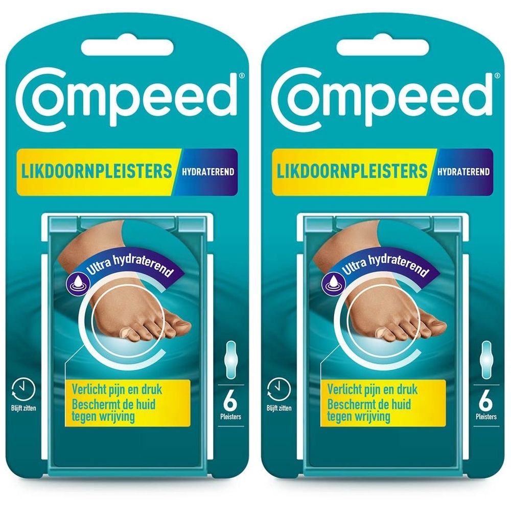 Twee verpakkingen Compeed® Likdoornpleisters. Blauwe verpakking met productafbeelding en tekst.
