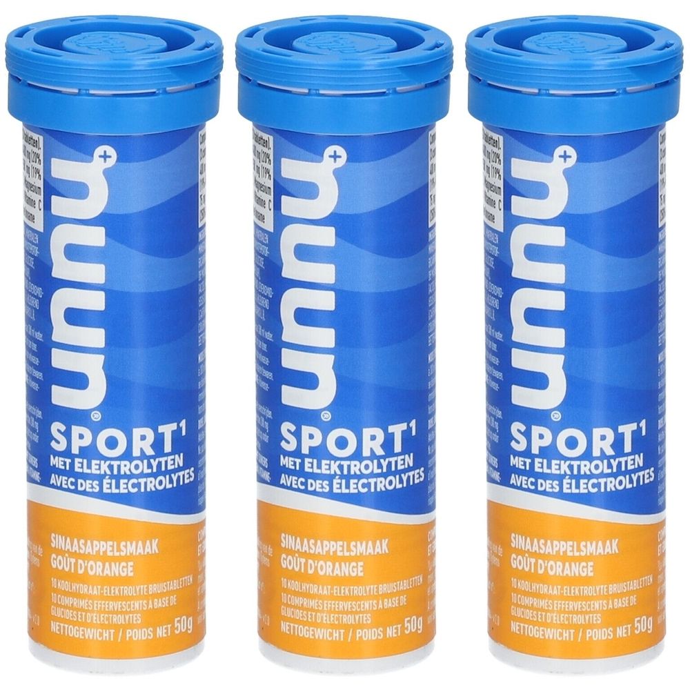 Drie blauwe en oranje tubes met "nuun Sport". Tekst: "MET ELEKTROLYTEN". Smaak: Sinaasappel. Nettogewicht 50g.