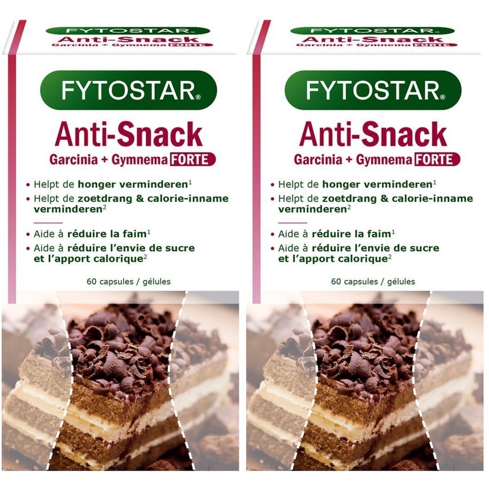 Deux boîtes de "FYTOSTAR Anti-Snack Garcinia + Gymnema FORTE". Texte vert et blanc. 60 capsules/gélules. Image d'un gâteau en bas.