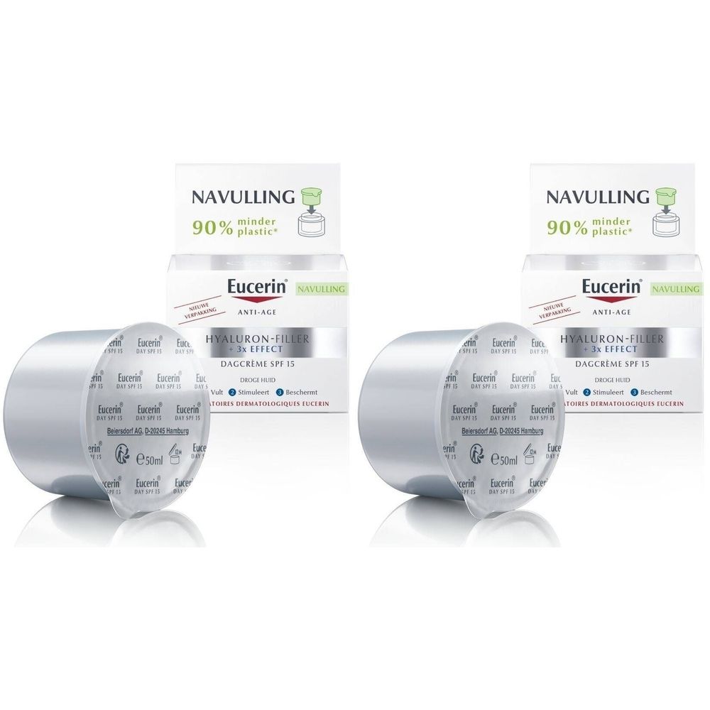 Eucerin Anti-Age Recharge. Twee verpakkingen met dagcrème SPF15 en navullingen. Zichtbare opschriften.