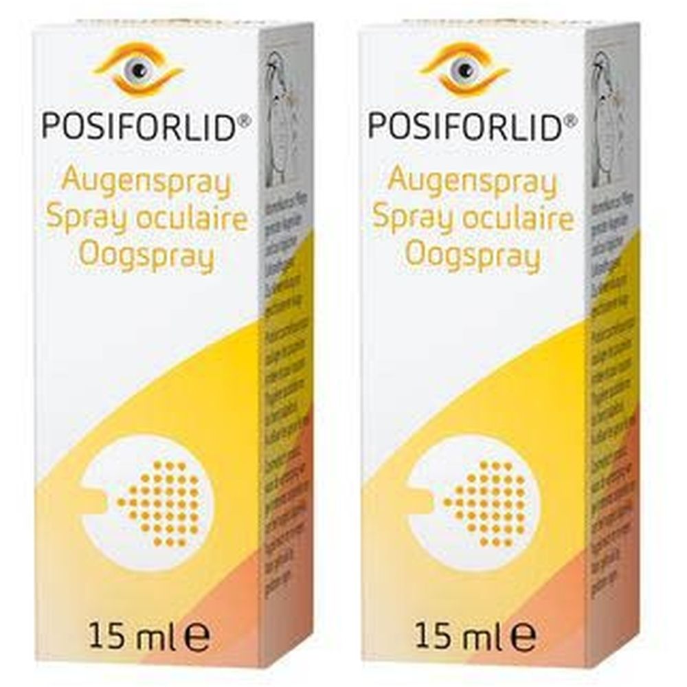 Deux boîtes de Posiforlid Spray oculaire. Inscription : Augenspray, Spray oculaire, Oogspray. 15 ml.