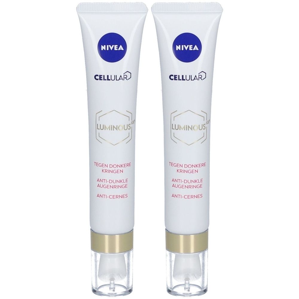 Deux tubes de soin pour les yeux Nivea Cellular Luminous 630°. Tubes blancs avec logos bleus et bouchons dorés. Texte : Anti-Cernes.