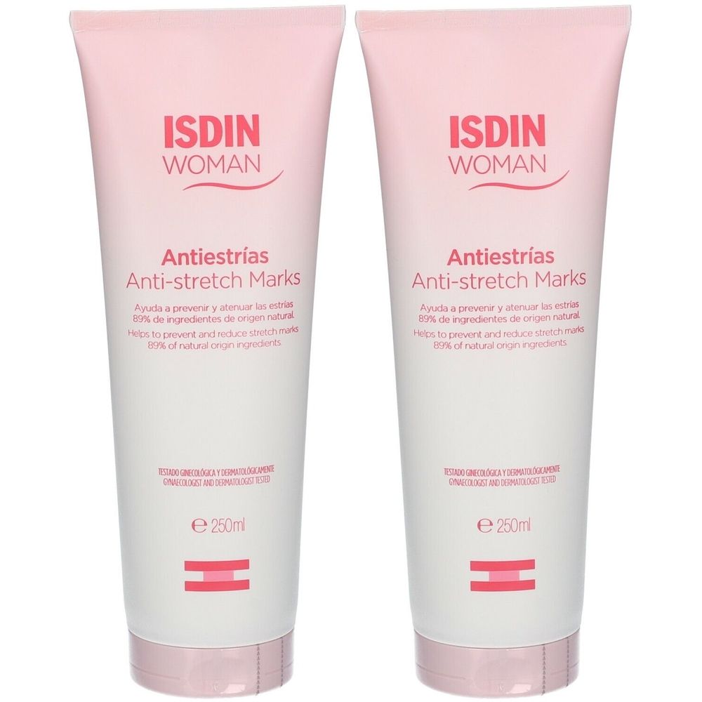 Twee crèmetubes. Roze-witte verpakking met ISDIN WOMAN, Anti-striemen. 250ml.