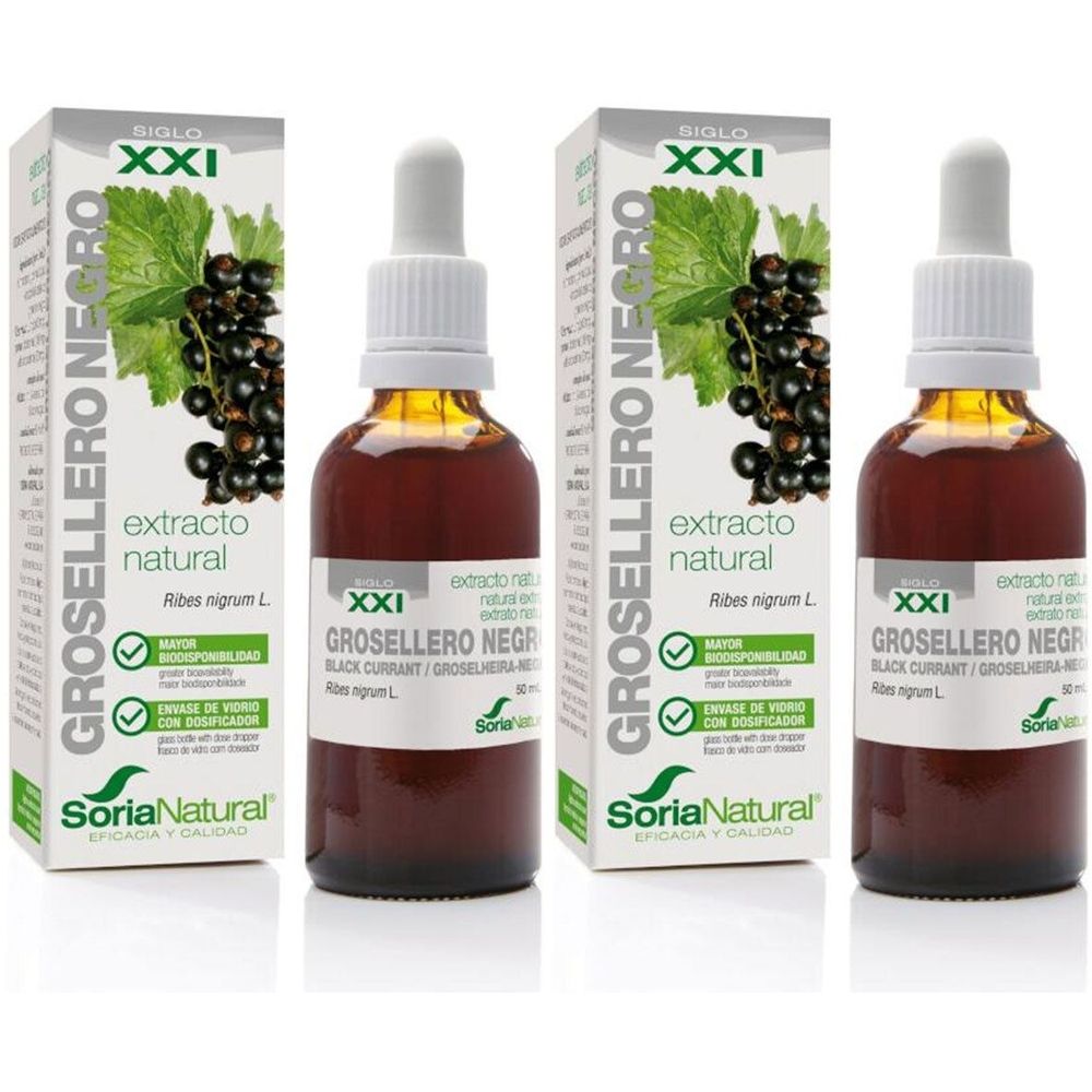 Drie flessen en verpakkingen van Soria Natural® Ribes Nigrum XXI Extract. Bruine glazen flessen met pipetten, in witte dozen.