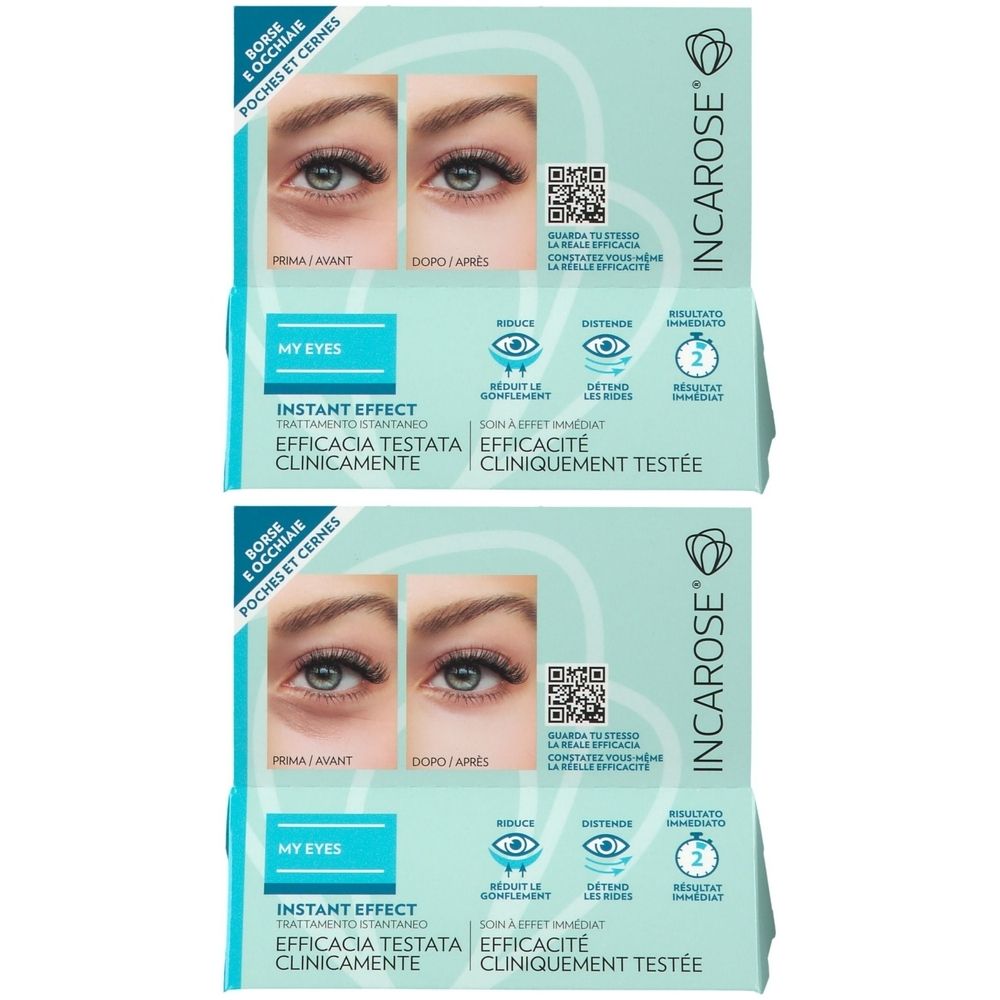 Deux boîtes Incarose My Eyes. L'emballage montre des yeux avant et après le traitement. Texte : Instant Effect, efficacité testée.