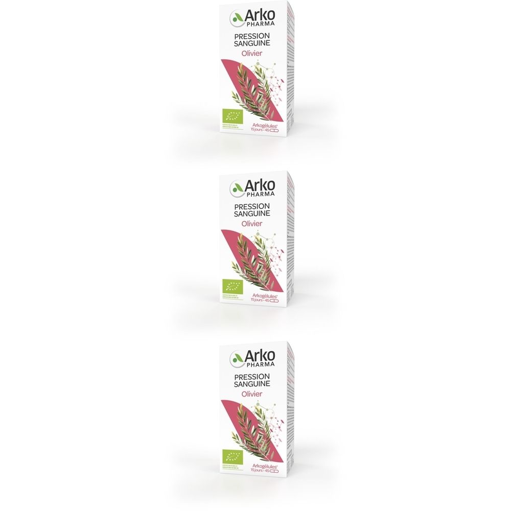 Trois boîtes Arkogelules Olivier Bio. Inscription : Pression Sanguine, Olivier. Label bio. Fond blanc.