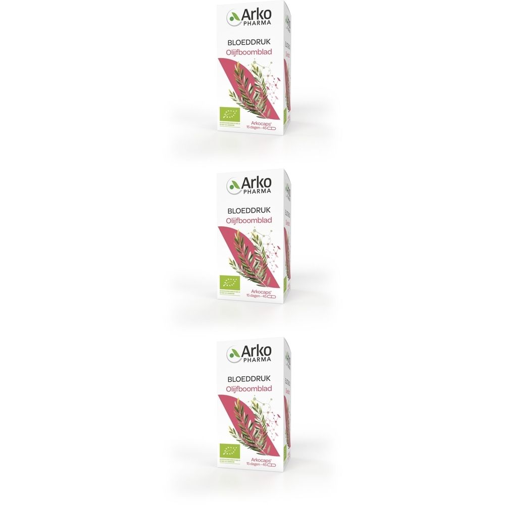 Drie dozen Arkogelules Olivier Bio. Opschrift: Bloeddruk, Olijfboomblad. Bio-label. Witte achtergrond.