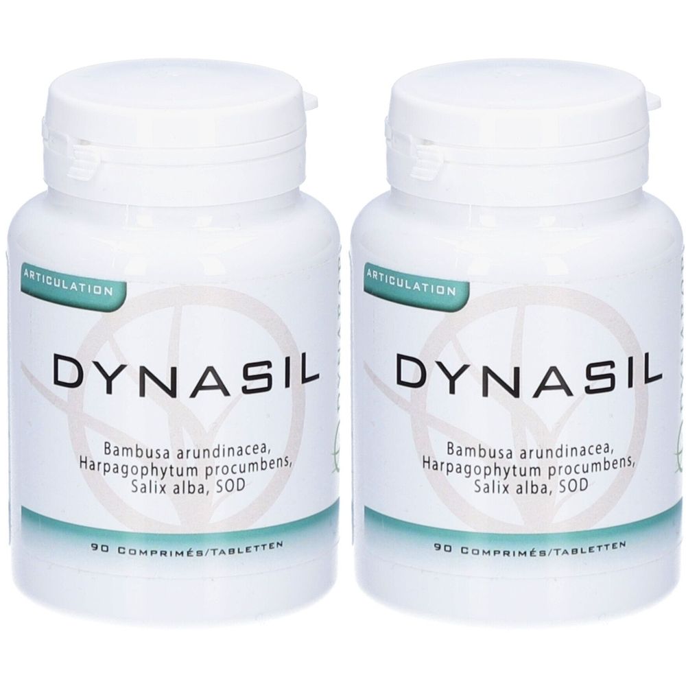 Twee witte pillenpotten met opschrift "DYNASIL". Bevat: Bambusa arundinacea, Harpagophytum procumbens, Salix alba, SOD. 90 tabletten.