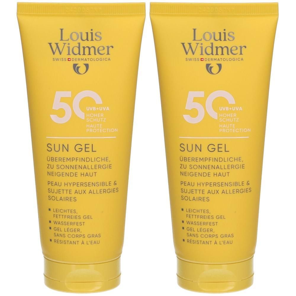 Deux tubes jaunes de Louis Widmer Sun Gel SPF50. Inscription : 50, Sun Gel, pour peaux allergiques au soleil. Dermatologica suisse.