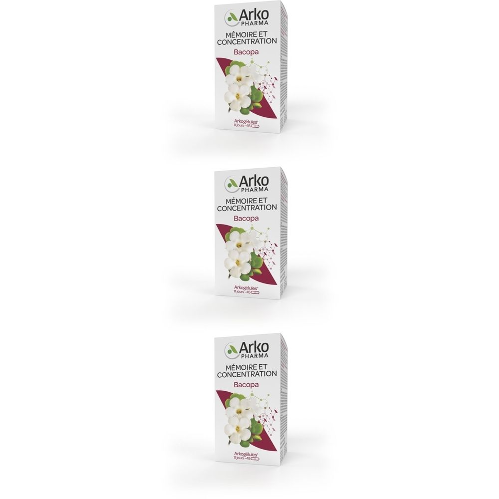 Trois boîtes avec texte blanc et motif floral. Texte: Mémoire et Concentration, Bacopa, Arko Pharma.
