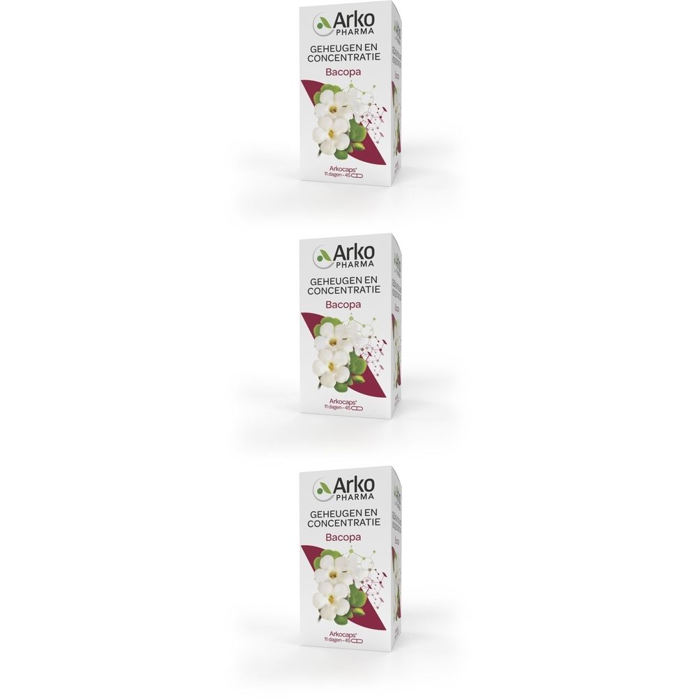 Drie dozen met witte tekst en bloemmotief. Tekst: Geheugen en Concentratie, Bacopa, Arko Pharma.