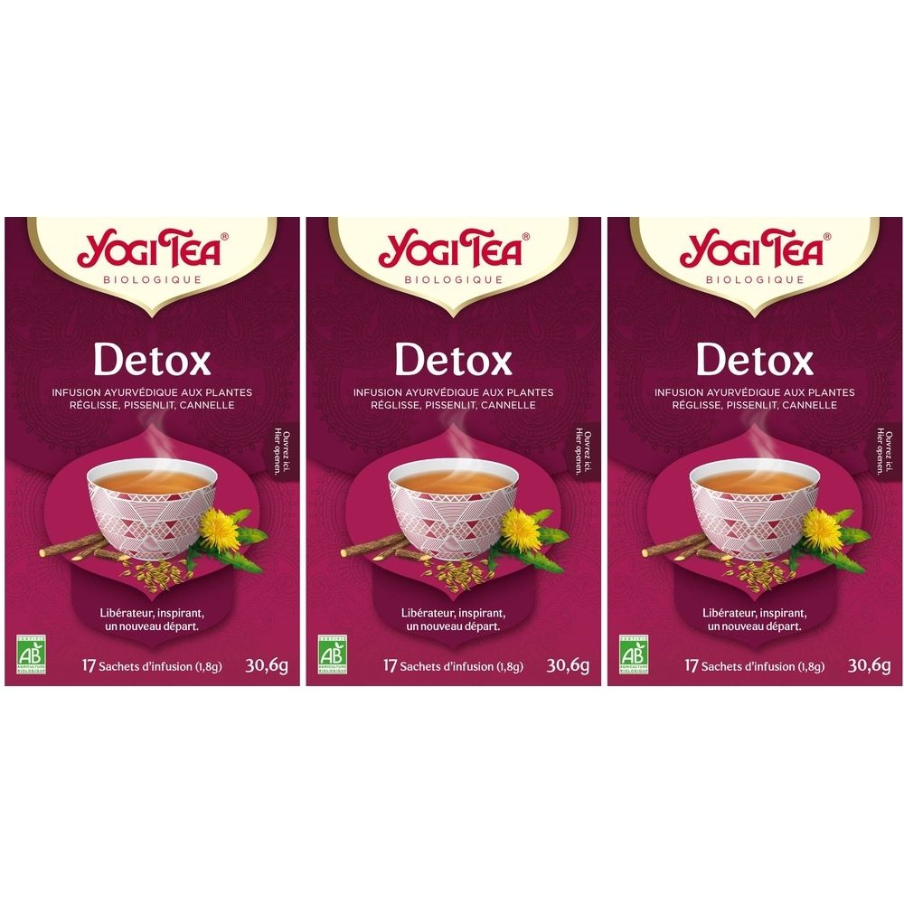 Trois boîtes de Yogi Tea® Detox. Sur chaque boîte : logo, nom du produit, 17 sachets, 30,6g, illustration d'une tasse de thé.