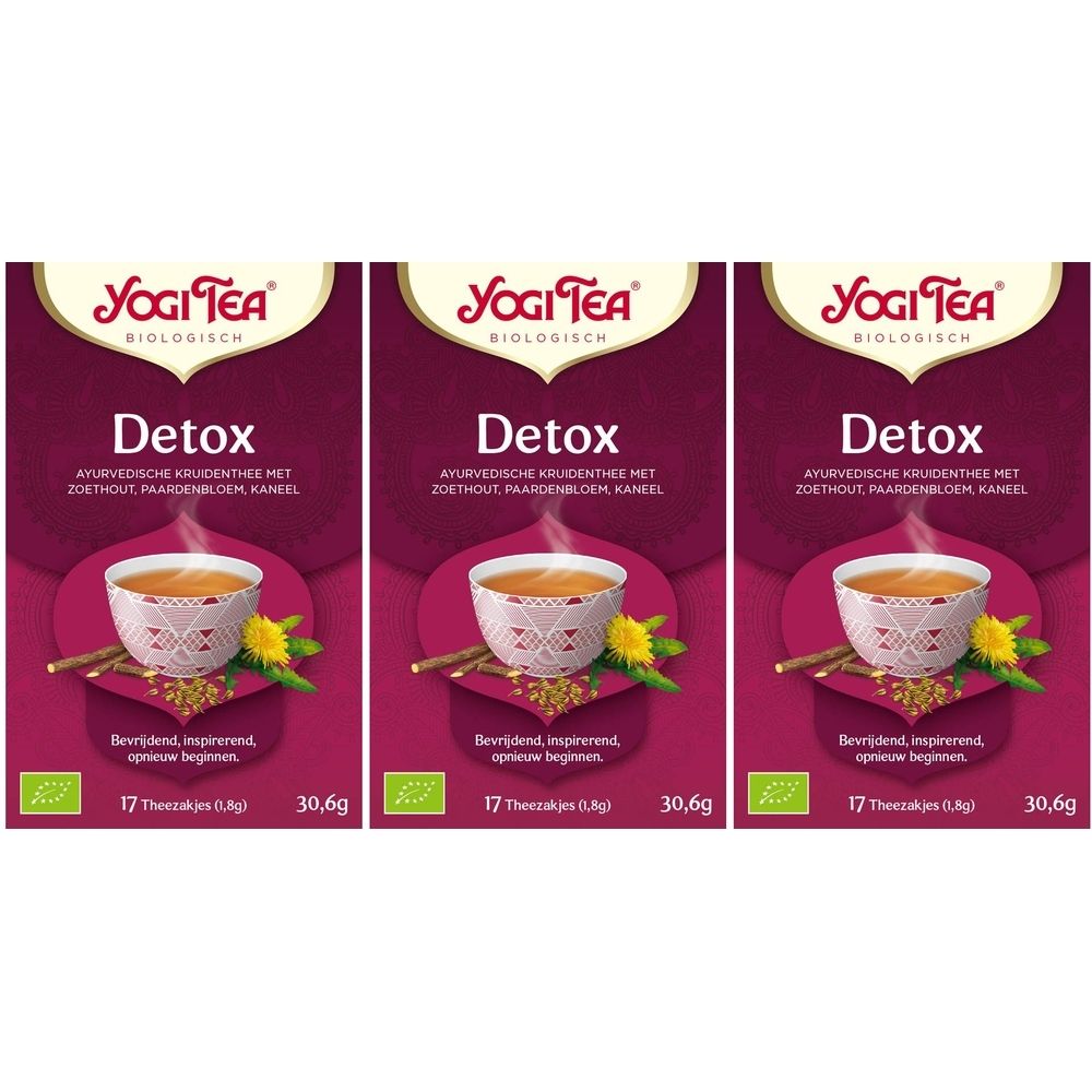 Drie verpakkingen Yogi Tea® Detox. Op elke verpakking: logo, productnaam, 17 theezakjes, 30,6g, illustratie van een kopje thee.