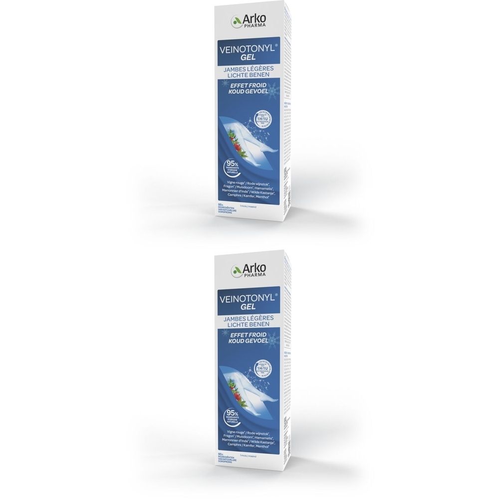 Twee verpakkingen Veinotonyl Gel. Witte verpakking met blauwe en groene afbeelding. Opschrift: Veinotonyl Gel, Arko Pharma.