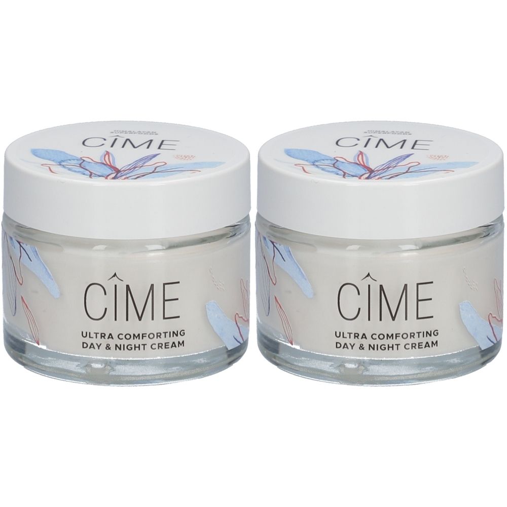 Twee crèmepotten met witte deksels. Opschrift: Cîme, Ultra Comforting Day & Night Cream. Glazen potten.